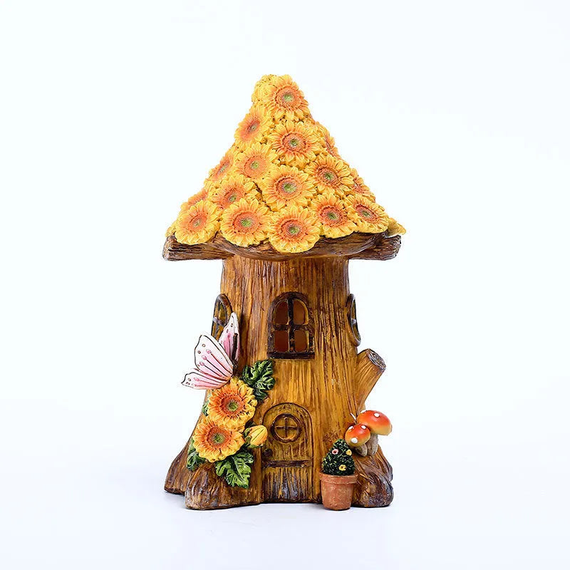 Hand-painted resin solar lamp decoration in tree house shape for outdoor garden lawn