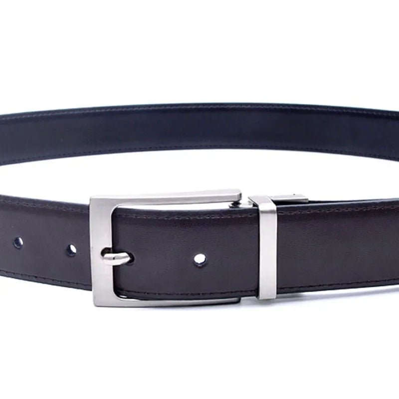 Men's brown and black leather belt with rotating pin buckle fastening mechanism showing length adjustment