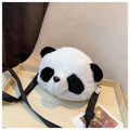 Panda head plush crossbody bag with cylindrical shape and sandwich pocket measuring 18cm
