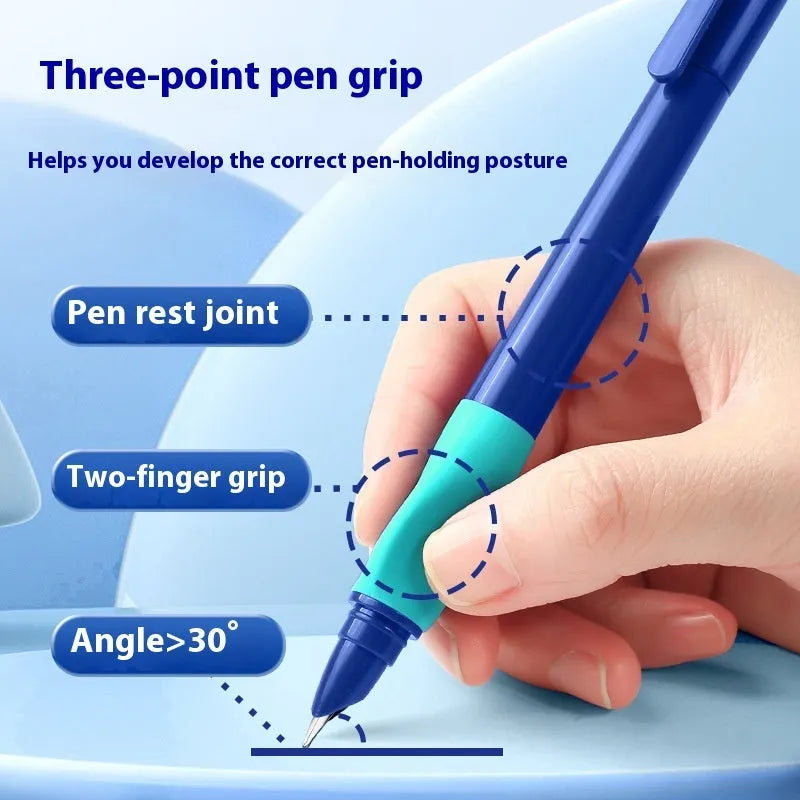 Blue plastic student posture correction pen with ergonomic grip on a white background.