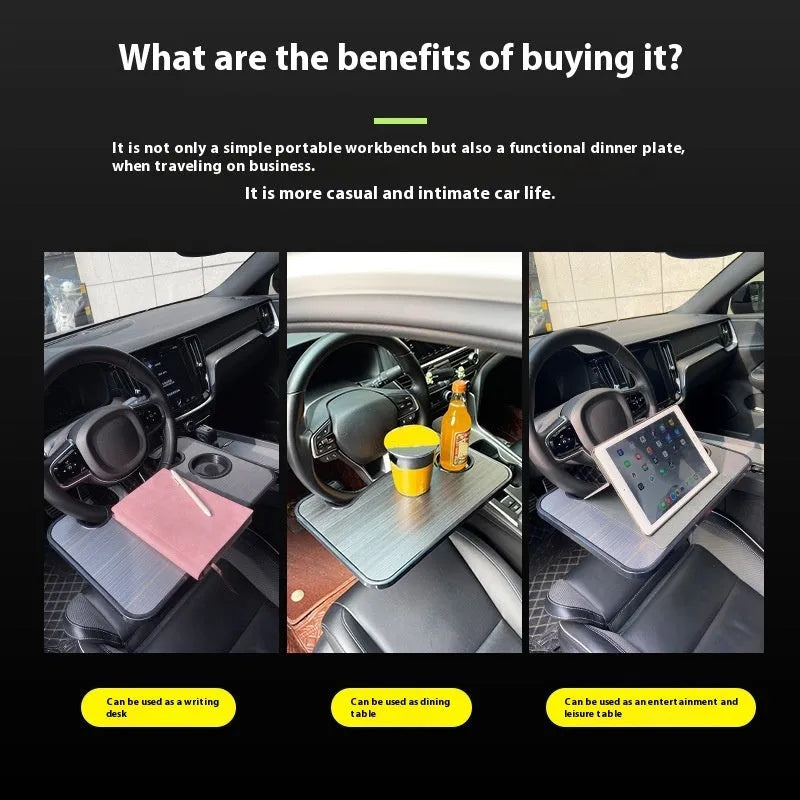 Black car steering wheel laptop tray mounted on vehicle steering wheel with laptop placed on surface