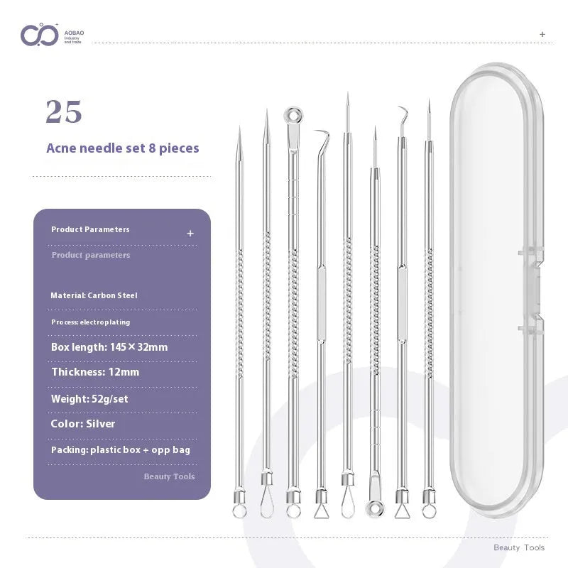 Four-piece stainless steel acne needle set with ultra-fine pointed tips and extraction clip on silver background
