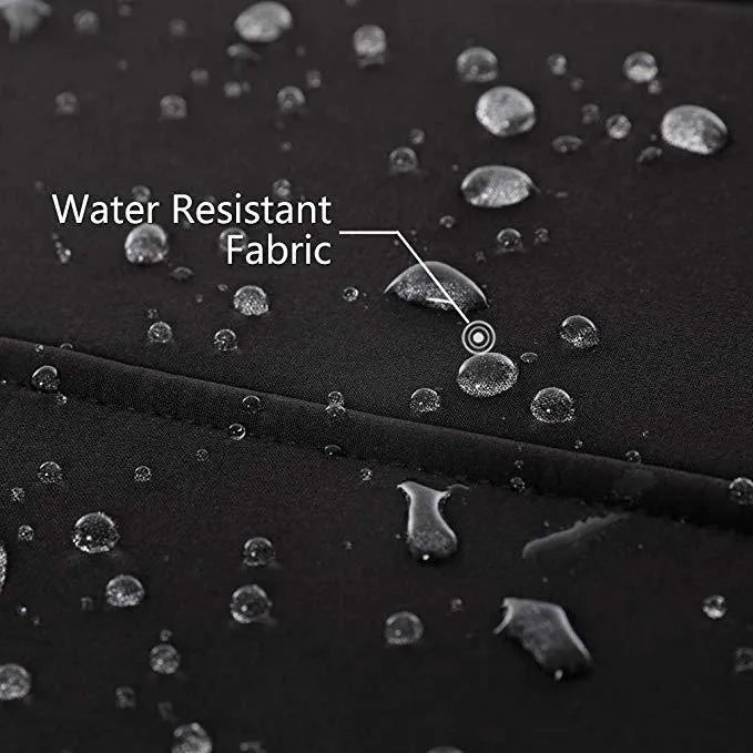 Black men's USB heated waterproof winter coat with straight hem and long sleeves shown on a hanger.