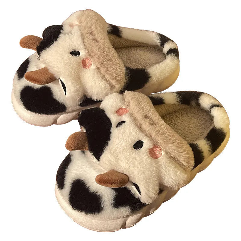White cow print plush slippers for women with non-slip textured soles