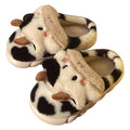 White cow print plush slippers for women with non-slip textured soles