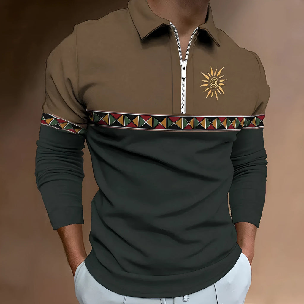 Men's long sleeve polo shirt with retro colour printing and striped pattern on bird eye cloth fabric.