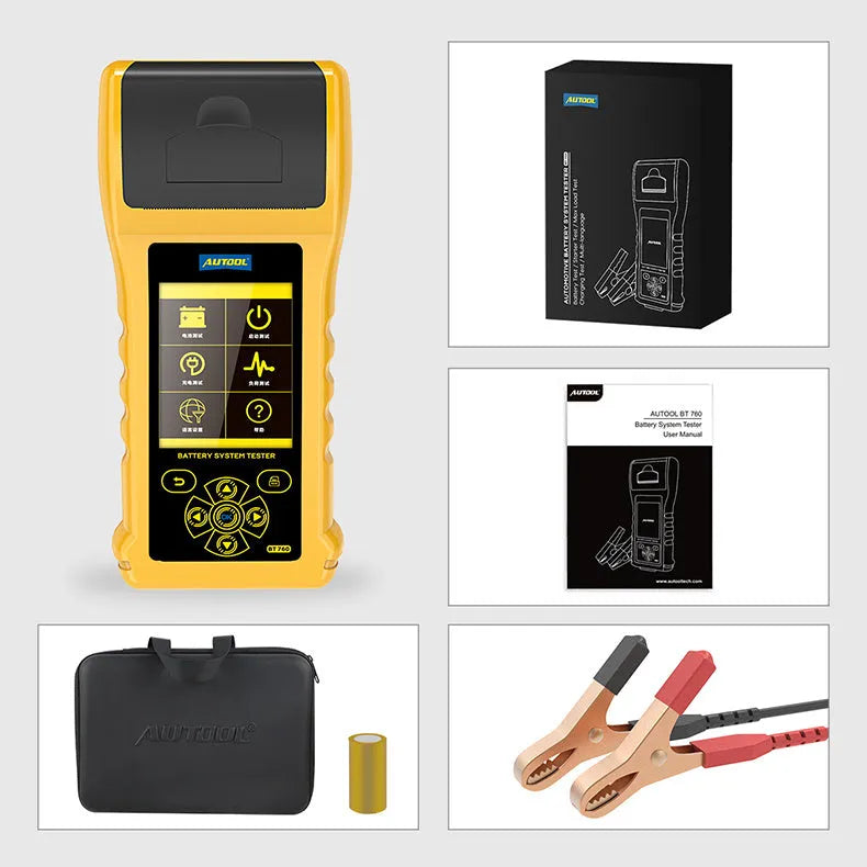 Autool BT760 colour screen vehicle battery tester with connection clips and printed diagnostic receipt