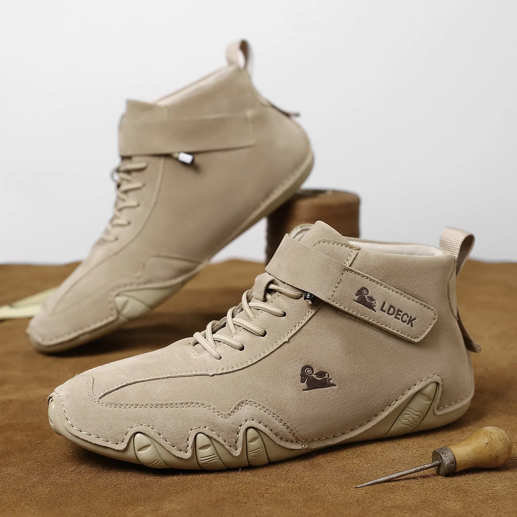 High-top octopus-style Martin boots in solid colour, microfiber upper with stitched seams, round toe, rubber sole