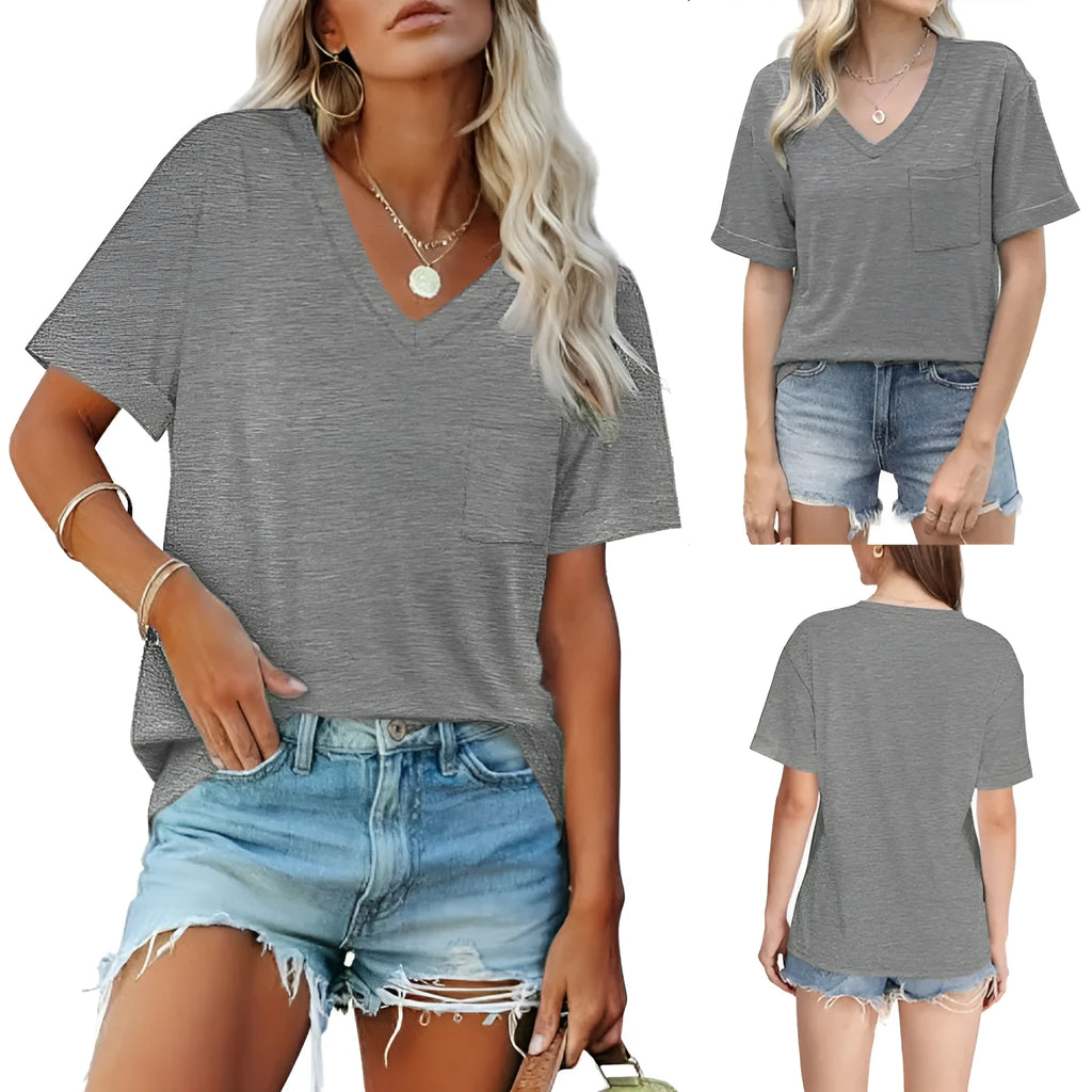 Grey loose fit V-neck T-shirt with chest pocket casual short sleeve top