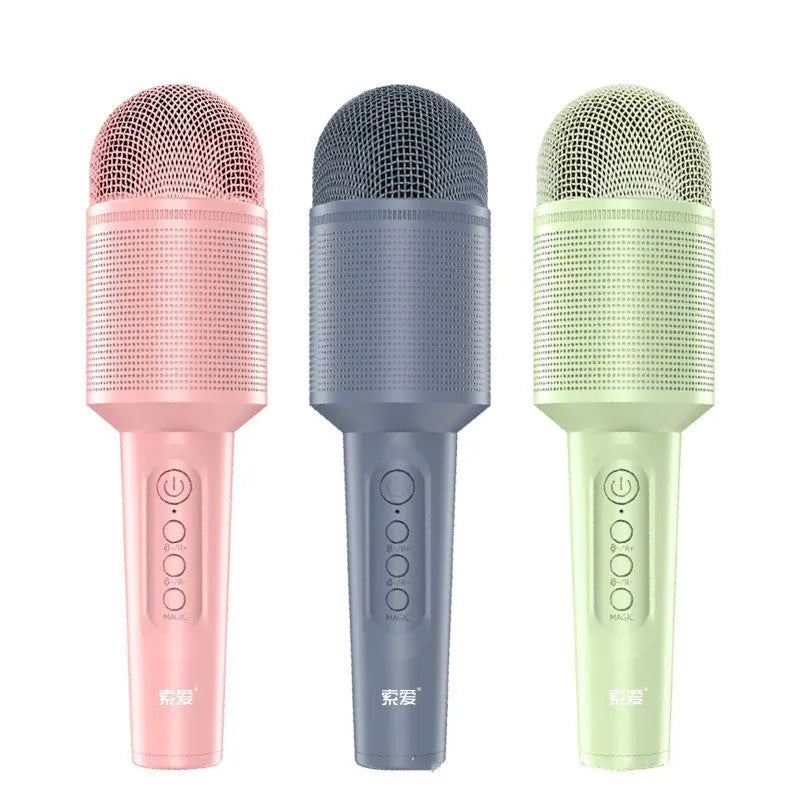 Wireless Bluetooth karaoke microphone in girly pink, sapphire blue, and mint green colour options.