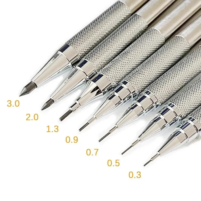 Metal automatic mechanical pencil with push-button mechanism, compatible with 0.5mm to 2.0mm lead sizes