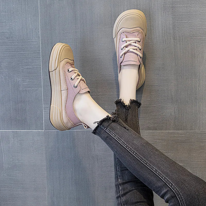 Women's leather platform sneakers in matcha, orange, and purple colours showing round toe and lace-up design