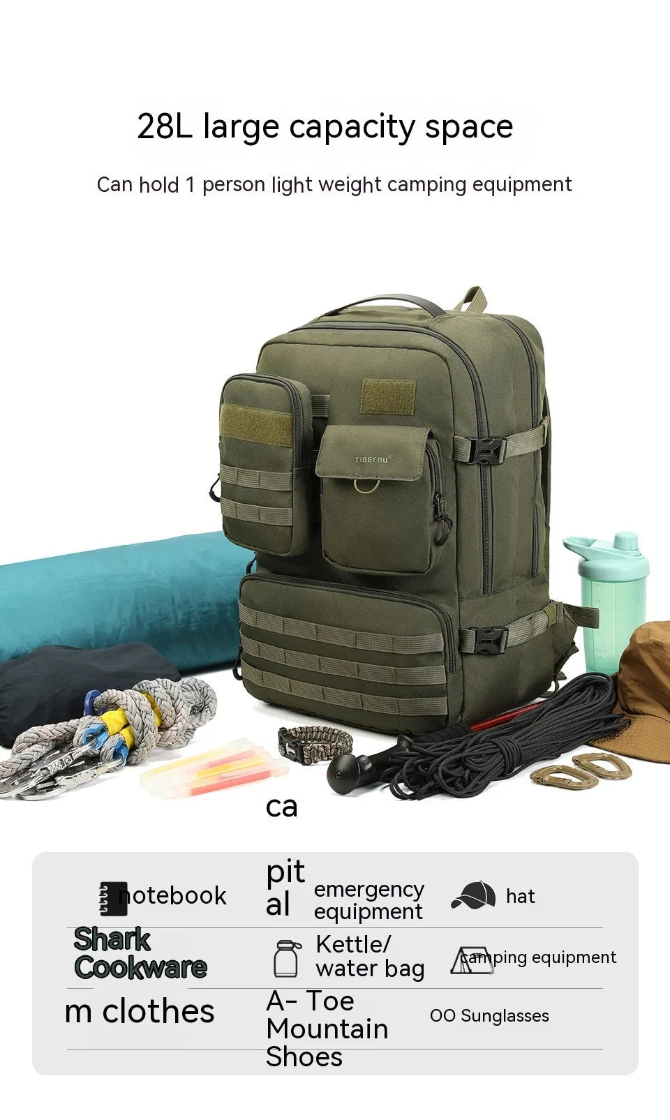 Army Green waterproof tactical backpack with 20-35L capacity for outdoor sports