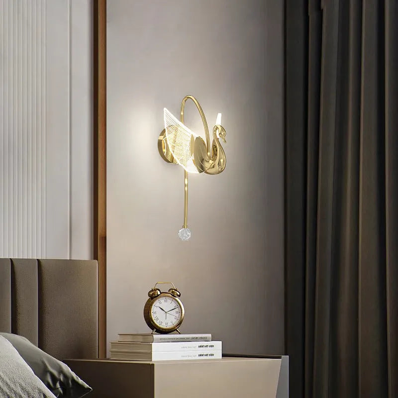 Modern minimalist swan design bedside wall lamp with iron construction and acrylic shade