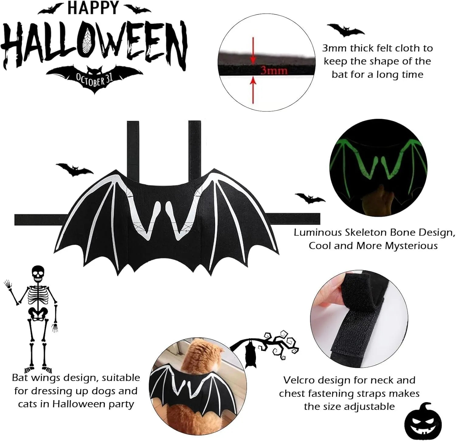 Small dog wearing a black bat costume with luminous skeleton bone wings against a Halloween background