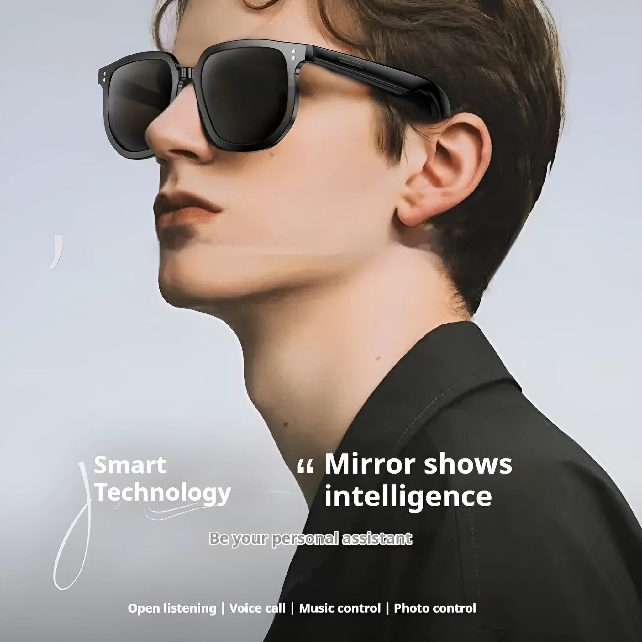 Black PC frame Bluetooth smart sunglasses with touch controls for audio and calls