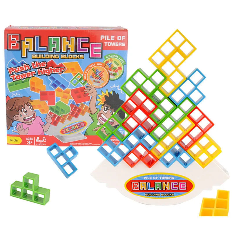 Plastic balance stacking game with colourful building blocks on 26.5cm square chassis