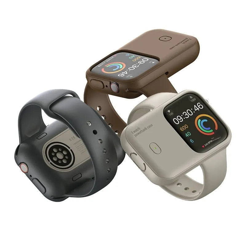 Apple Watch portable wireless charging case with silicone cover, shown next to 44mm watch