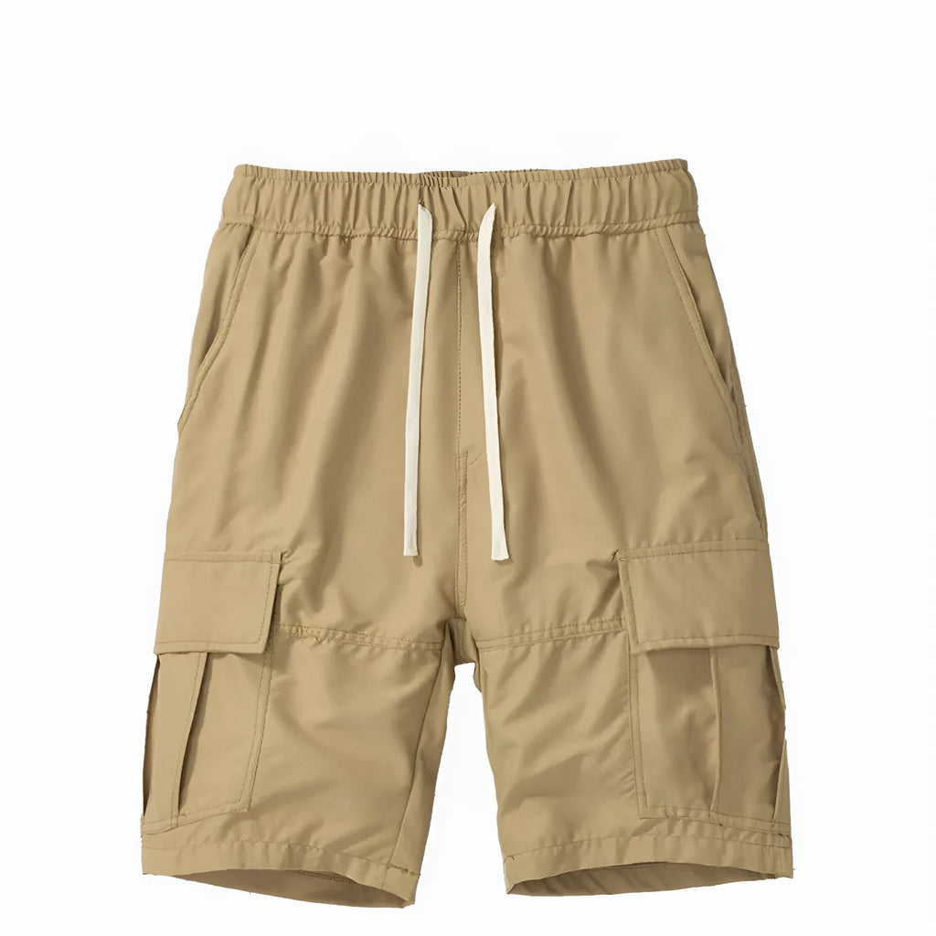 Men's multi-pocket loose cropped pants in khaki, front view, polyester fibre fabric, South Korea style summer wear