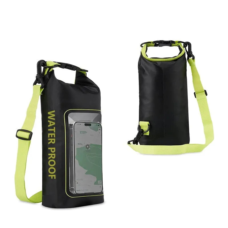 PVC mesh waterproof crossbody sports dry bag shown in army green colour, suitable for beach and swimming.