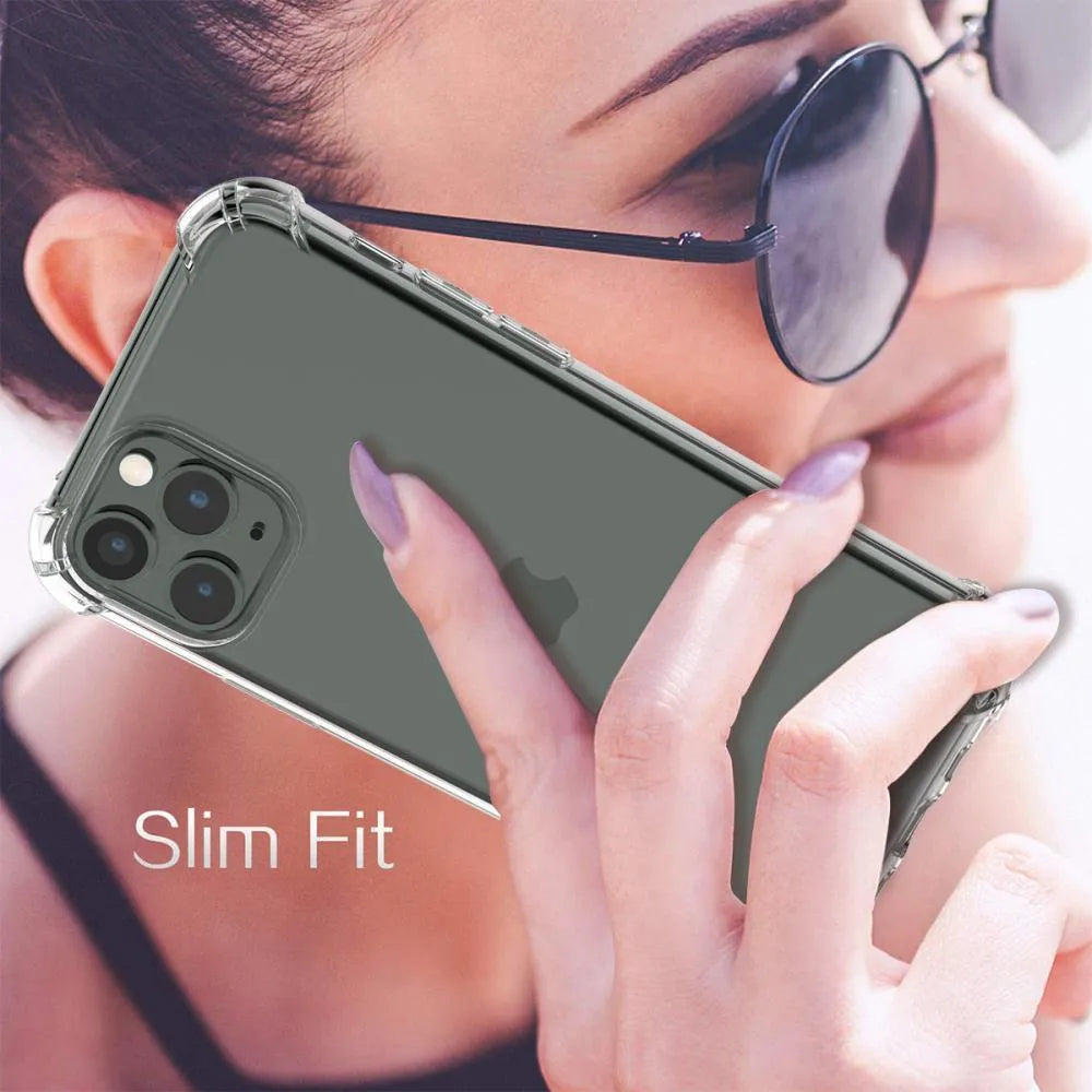 Clear transparent TPU shockproof iPhone case shown on a phone, compatible with models 6 to 13 Pro Max.