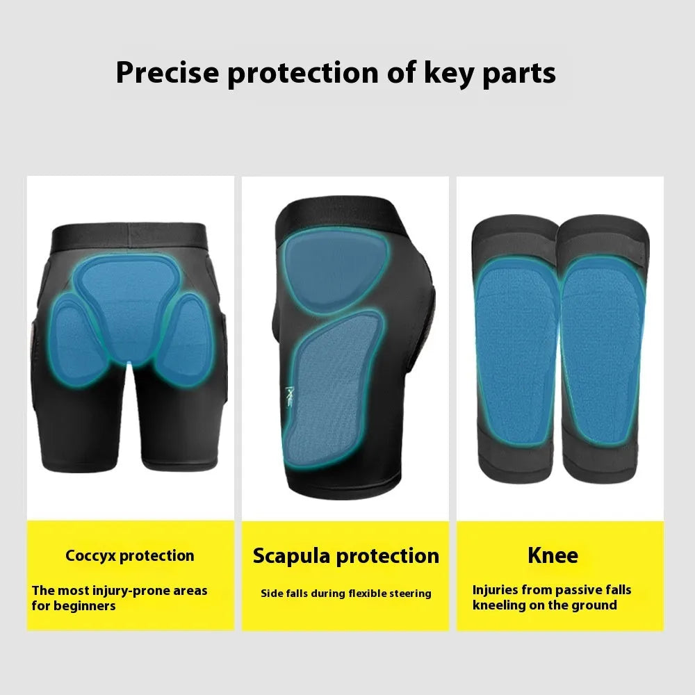 X-ray diffraction ski protective gear showing hip pad and knee pad for impact sports.