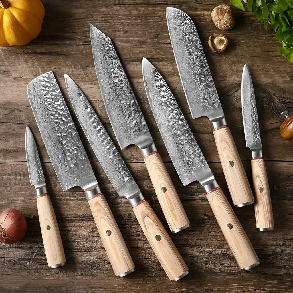 Damascus steel kitchen knife with patterned blade and Melaleuca core, 8 inch chef knife shown on cutting board