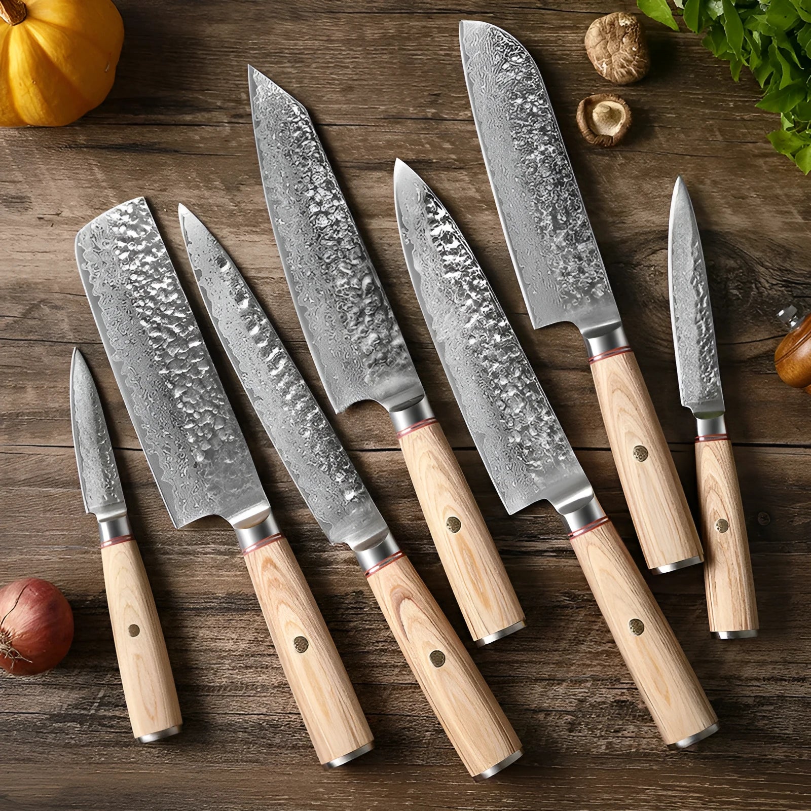 Damascus steel kitchen knife with patterned blade and Melaleuca core, 8 inch chef knife shown on cutting board