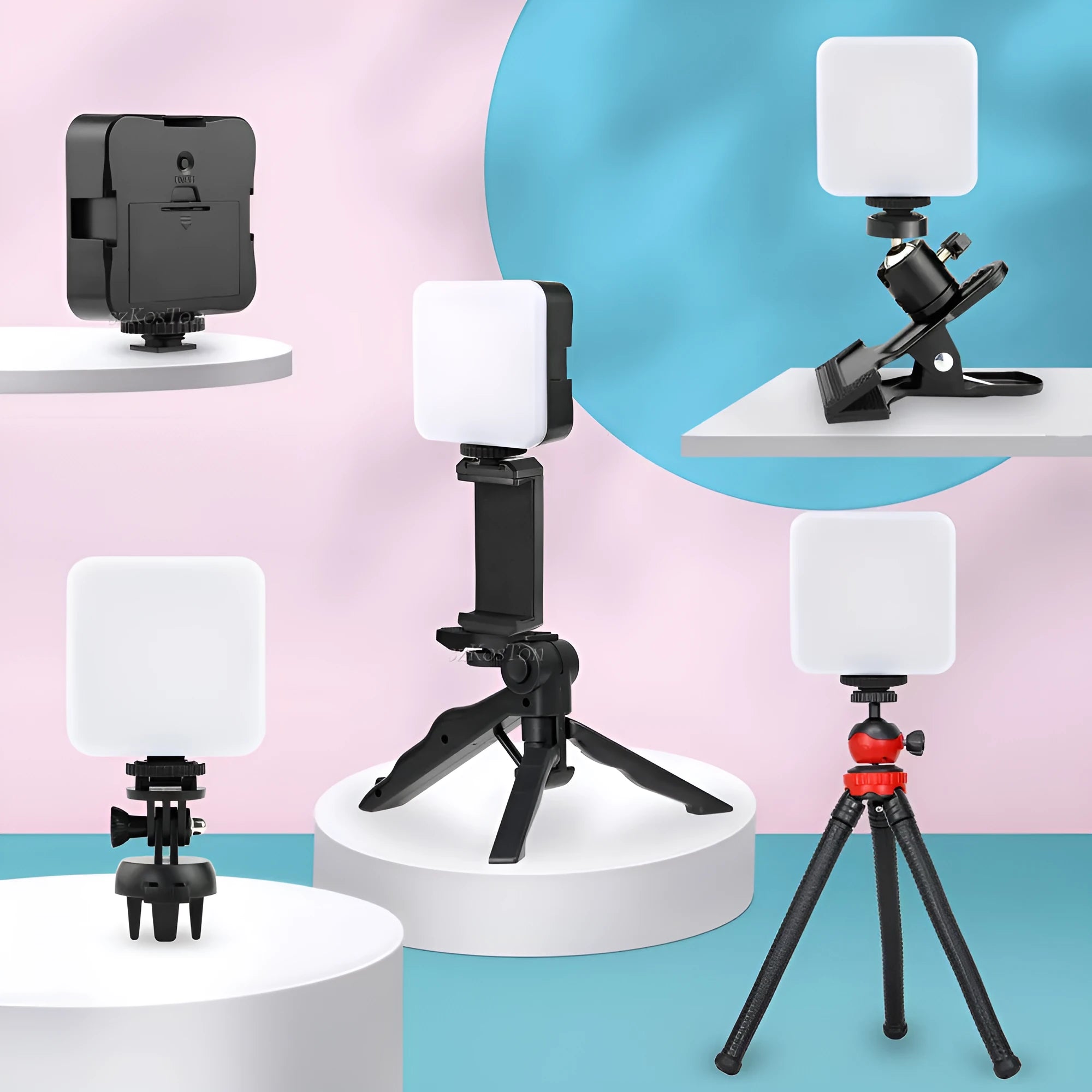 Square-shaped mini LED camera flash with hot shoe mount on a small tripod stand.