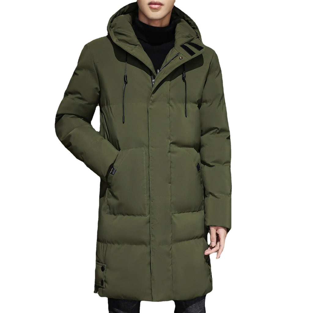 Plus size men's winter hooded cardigan coat in Army Green with patch pockets and straight hem