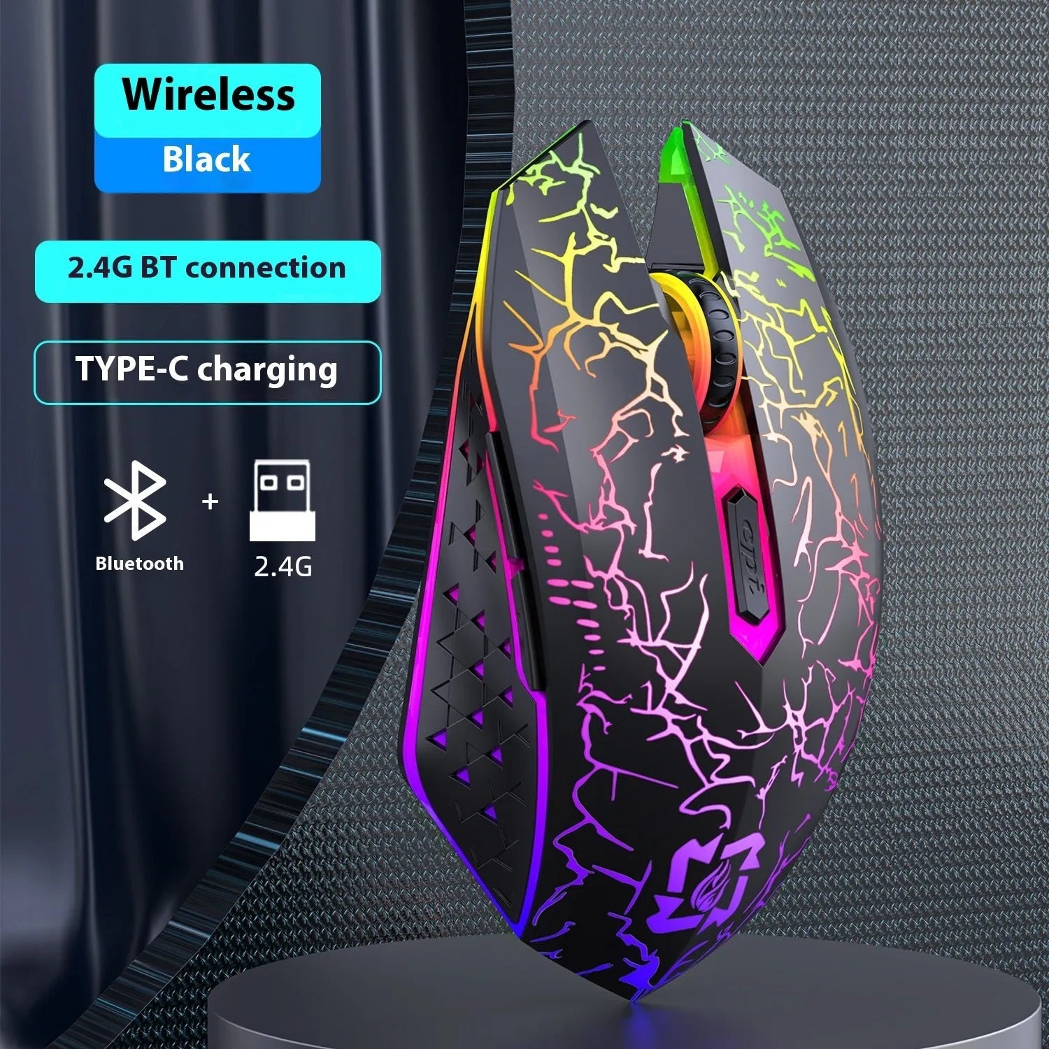 Black and white gaming mouse with luminous breathing light, showing dual-mode connectivity and self-charging design
