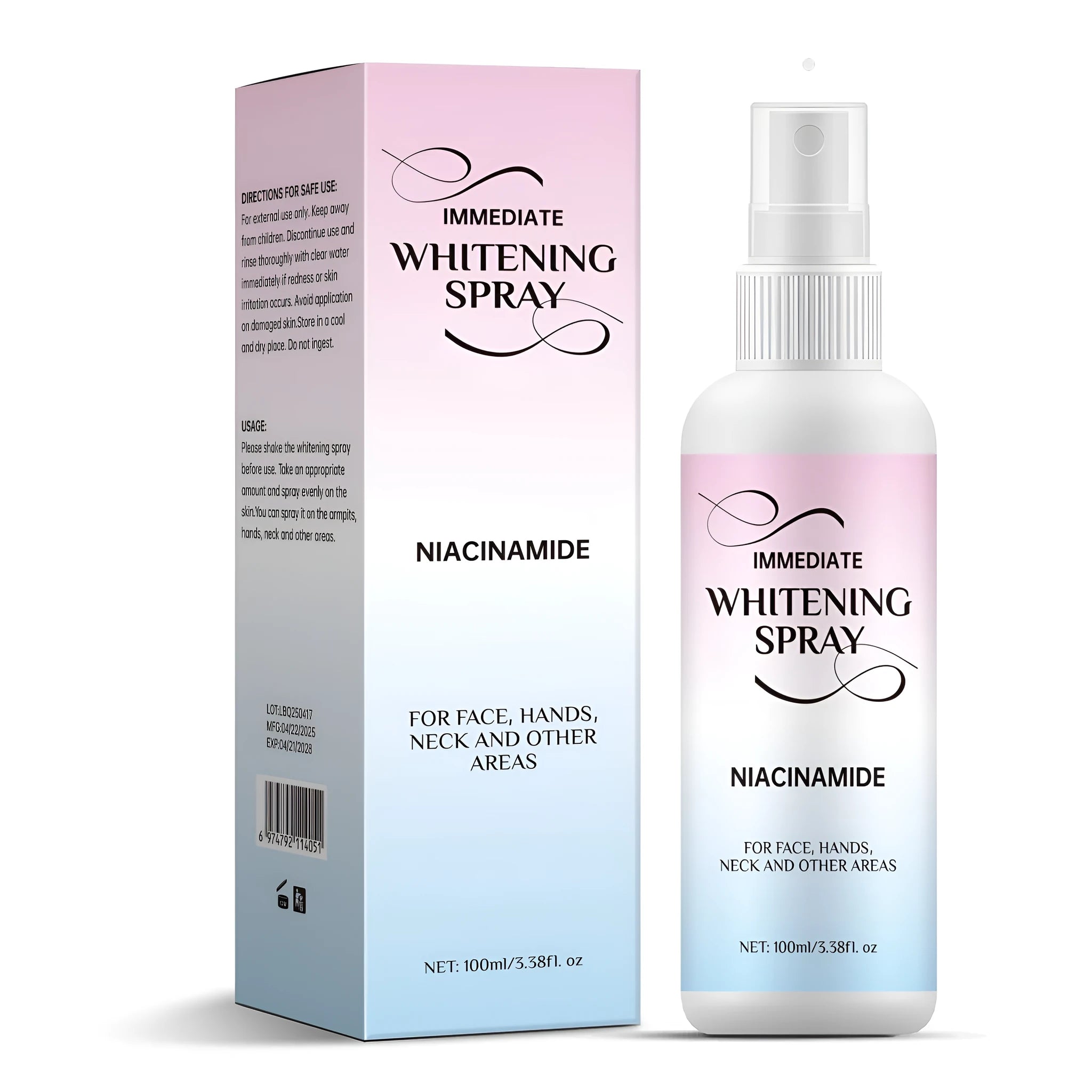 100ml whitening spray bottle for skin colour brightening with sweat-proof formula