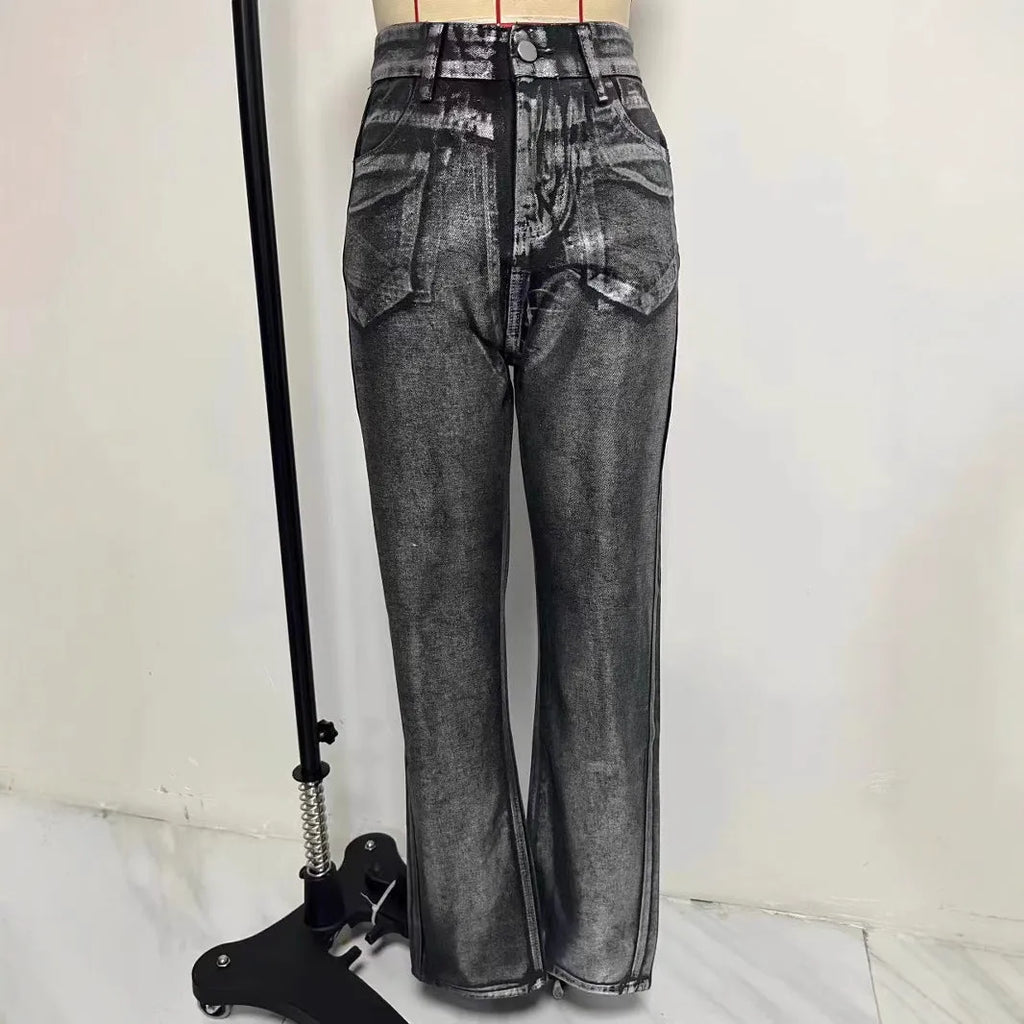 Washed blue high waist straight leg jeans with contrast stitching detail
