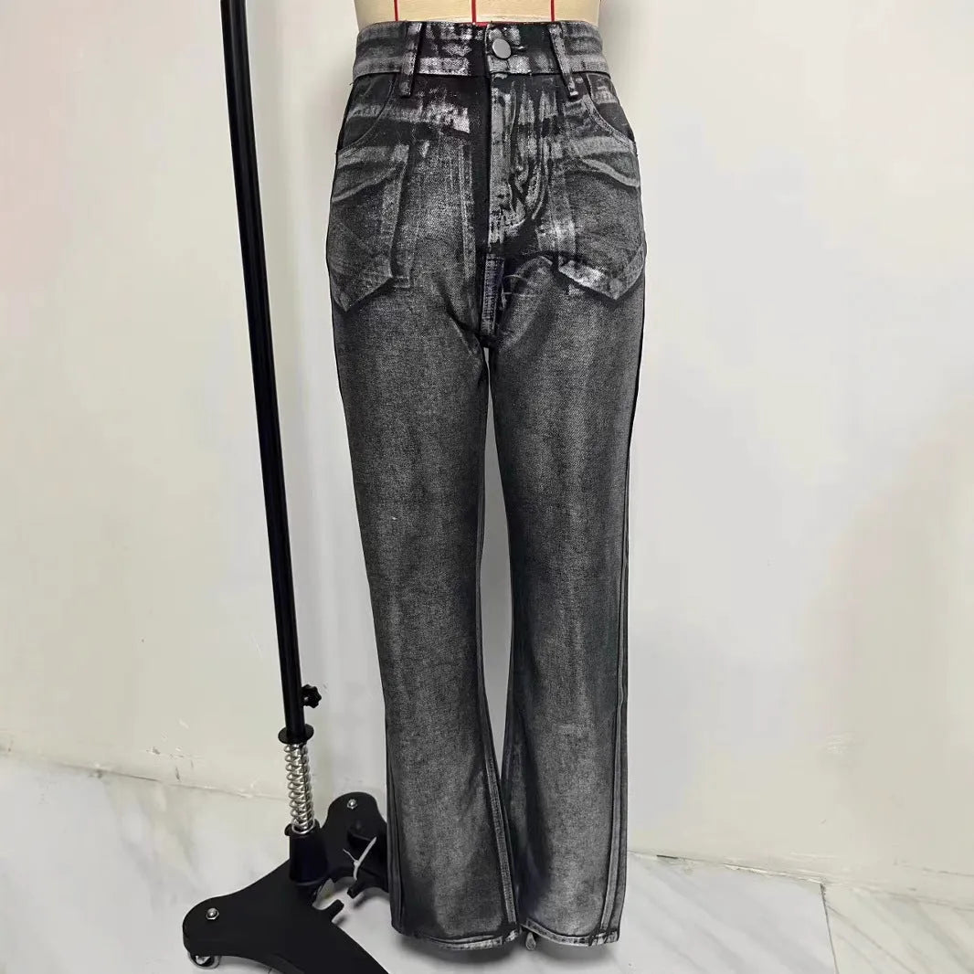 Washed blue high waist straight leg jeans with contrast stitching detail