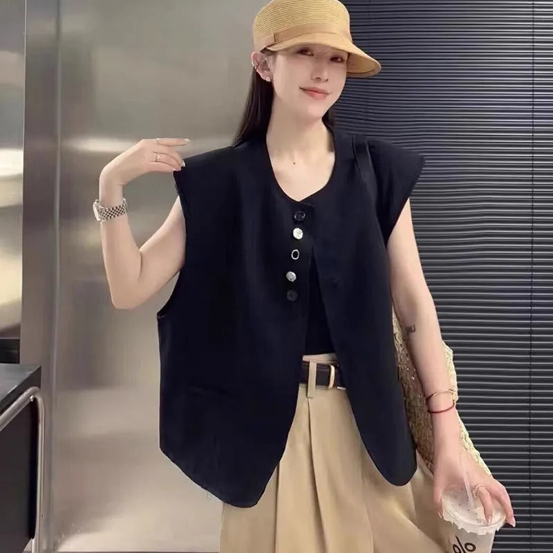 Women's loose fit polyester vest with pockets in milky white colour showing front view