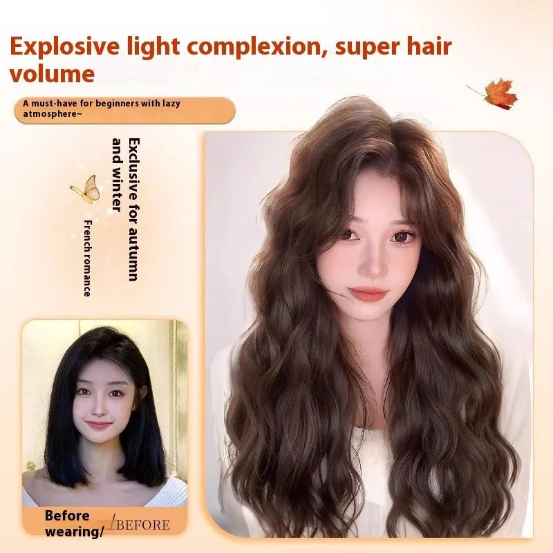 Female full-head wig with natural long curly hair and side bangs in Brown Black high temperature fibre style