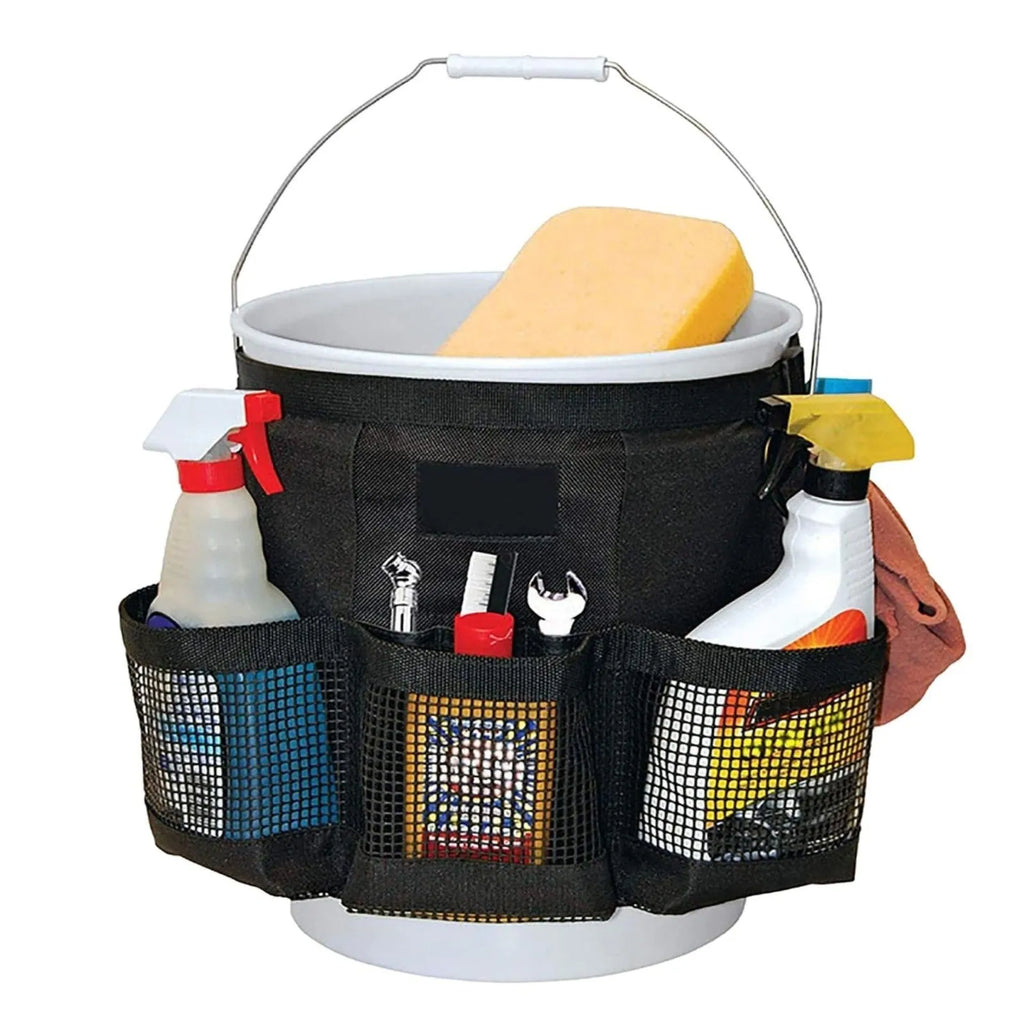Black cylindrical polyester hanging storage bag fitted on 5 gallon barrel for tool organisation