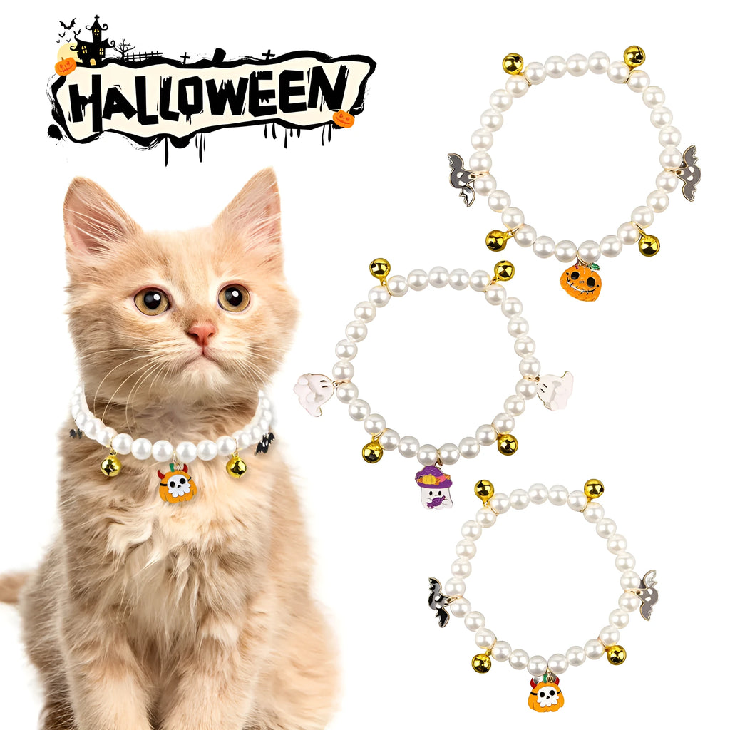 Halloween cat collar with simulated pearl necklace and a central pumpkin charm decoration.