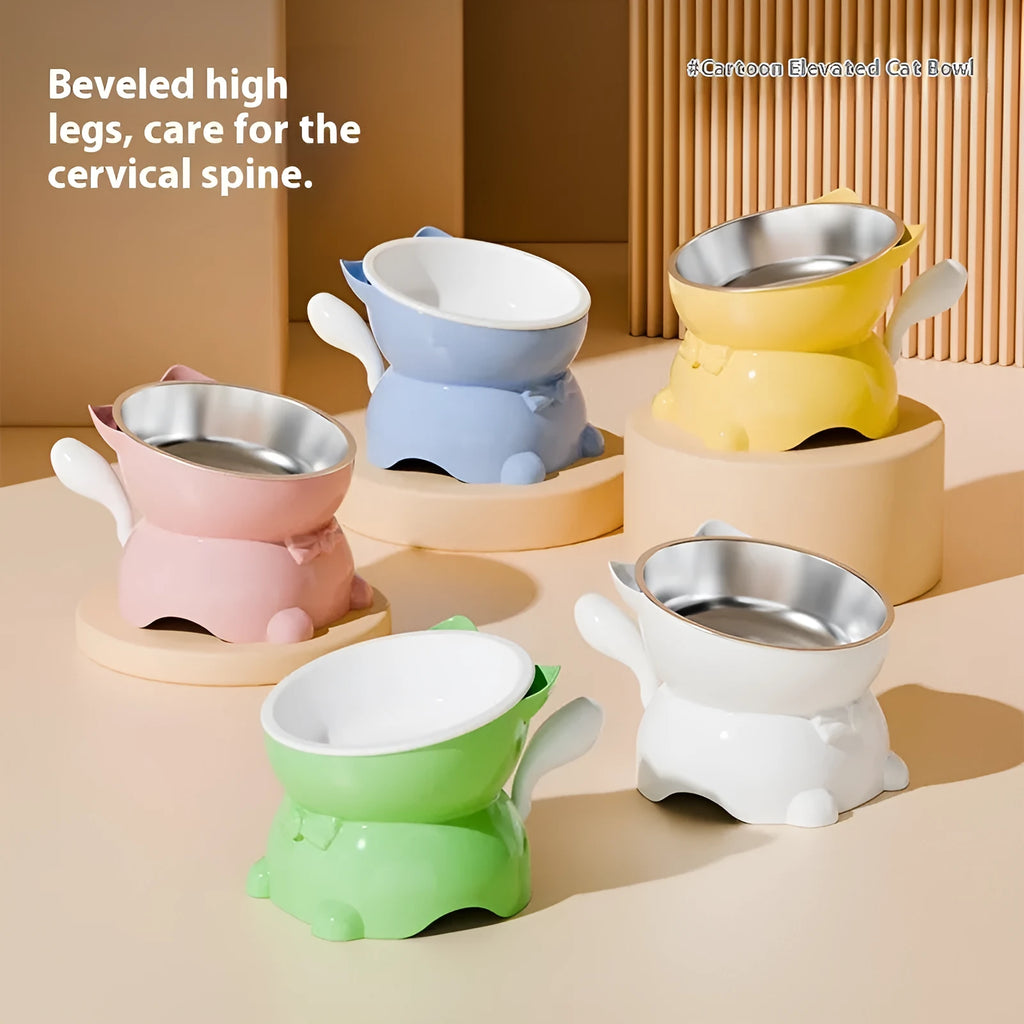 Stainless steel slanted anti-fall cat bowl in black, blue, pink, or yellow colour options.