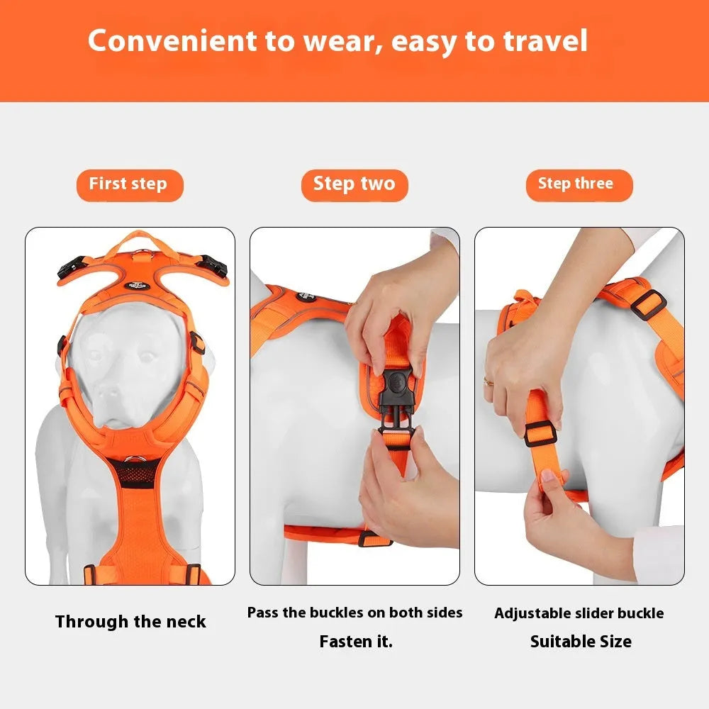 Dog hand holding rope vest harness in orange with reflective round rope and Oxford cloth construction