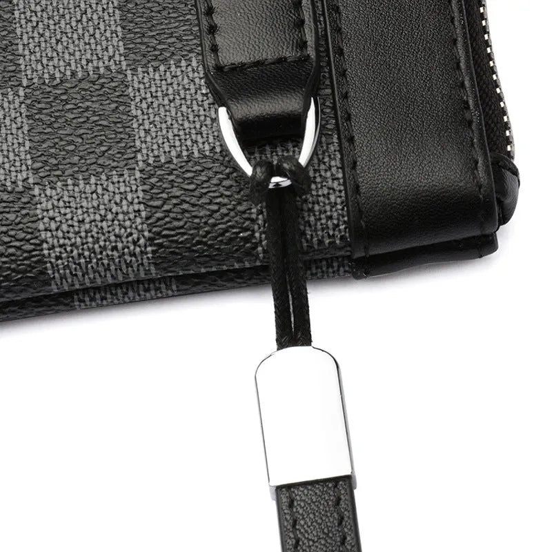 Men's black genuine cowhide leather clutch wallet showing front view, 20cm by 10cm in size.