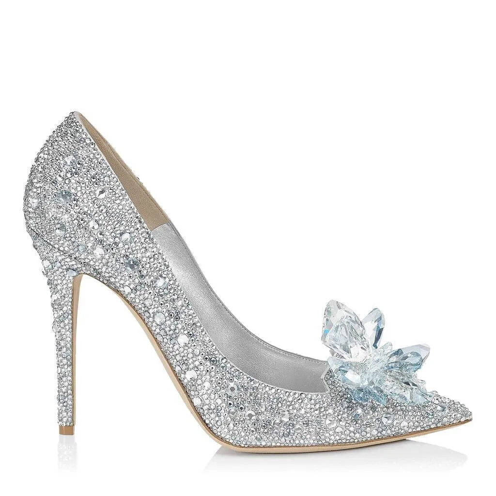 Women's gold stiletto high heels with rhinestone decoration on pointed toe