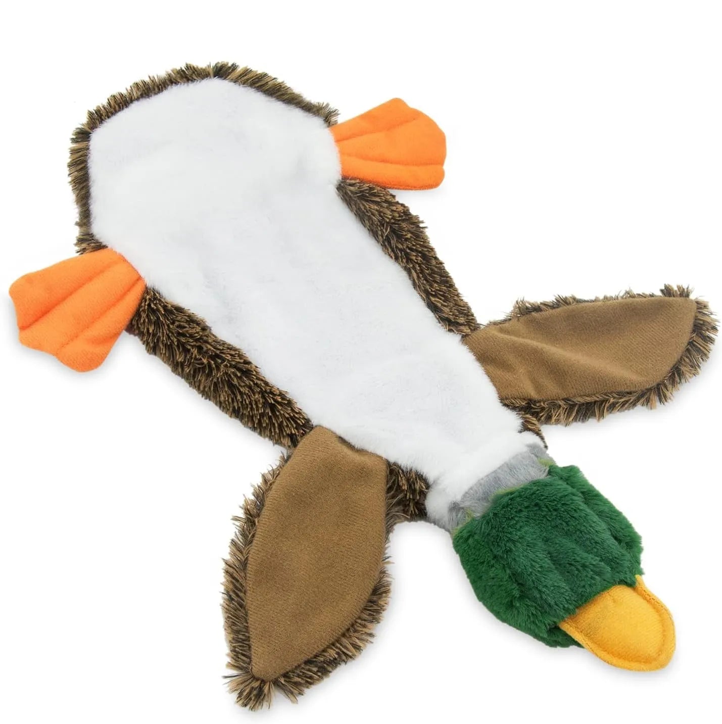 Green Wild Duck design stuffless dog toy with squeakers in head and tail