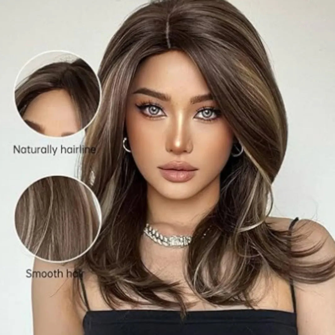 Mid-length curly synthetic wig with gradient colour and long bangs