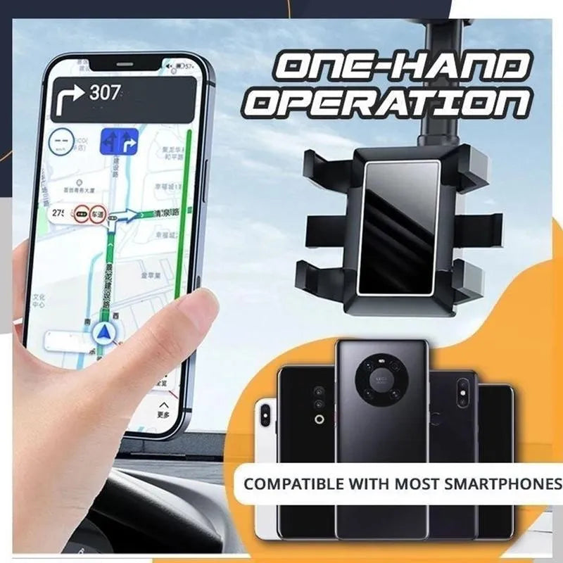 Black rearview mirror car phone holder showing 360-degree rotation and retractable arm extended.
