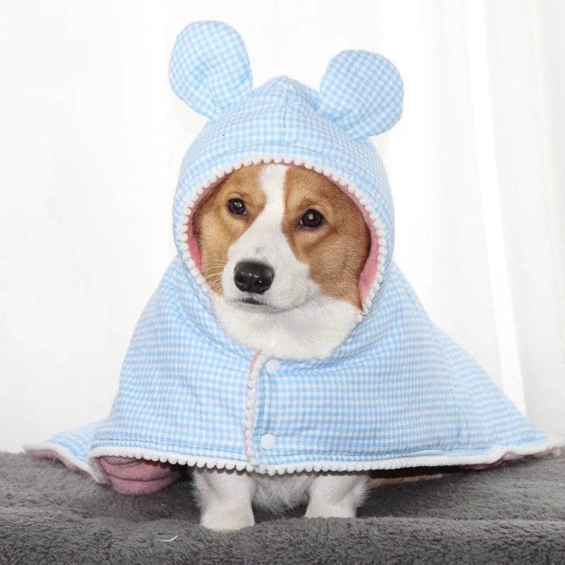Cute plaid cotton dog cloak quilt with pink grid pattern on a small dog