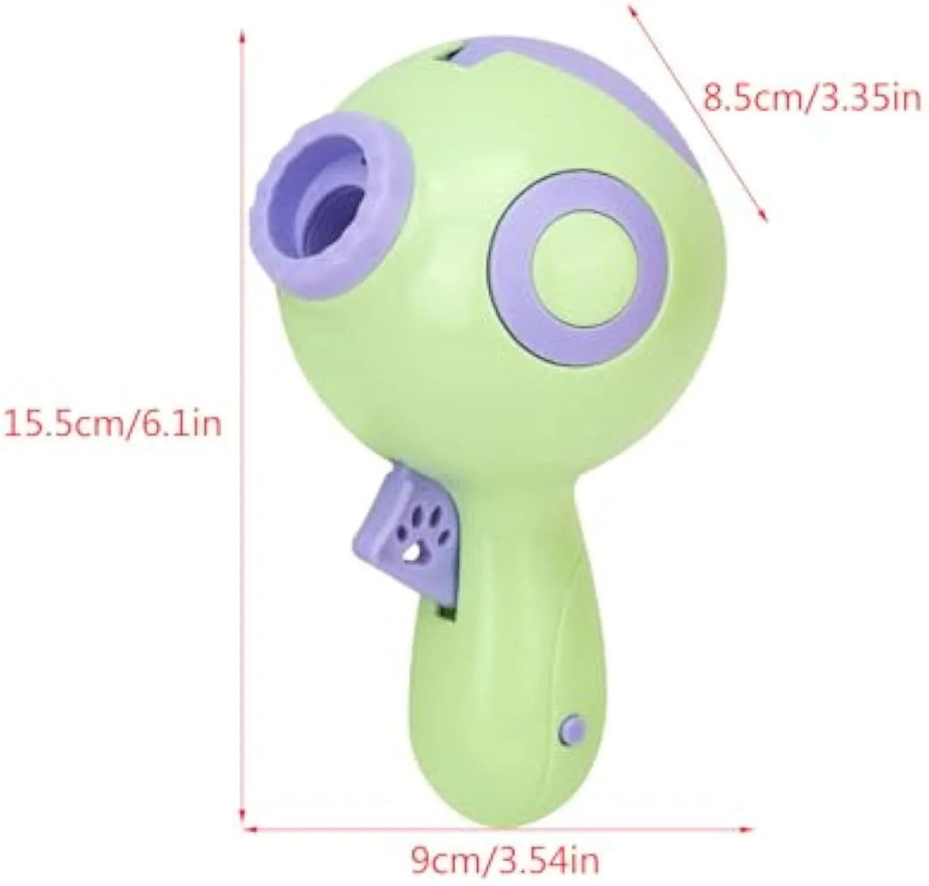 Green dog treat launcher toy measuring 15.5cm with anti-leak design for interactive play
