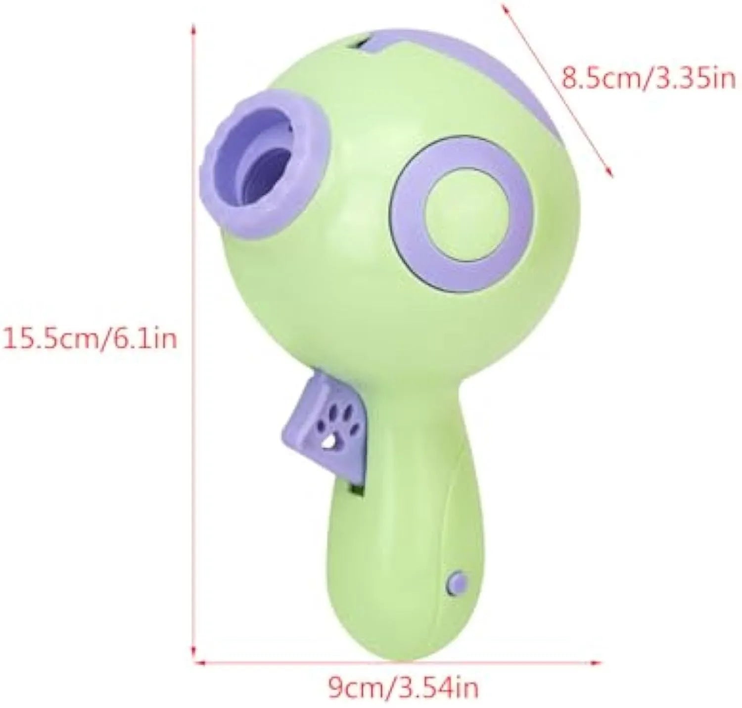 Green dog treat launcher toy measuring 15.5cm with anti-leak design for interactive play