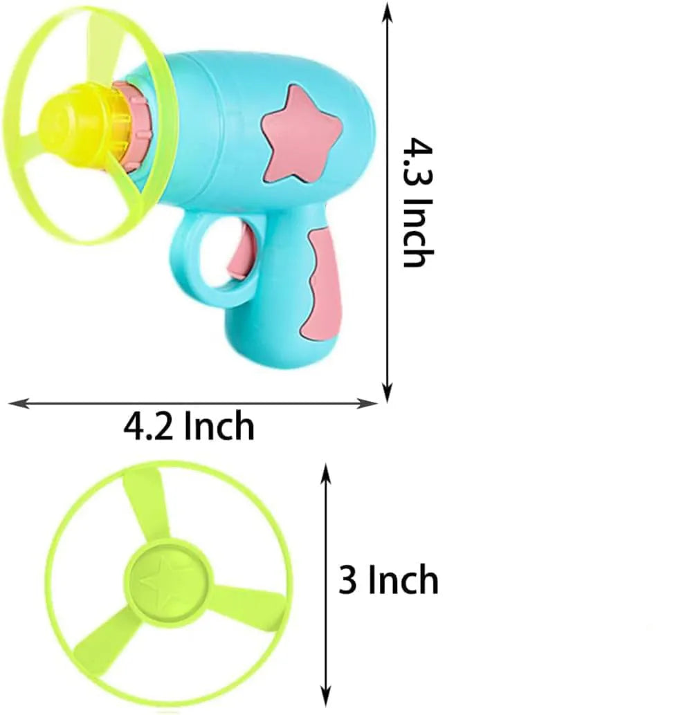 Blue or pink plastic cat toy gun launcher with two coloured frisbees for indoor play.