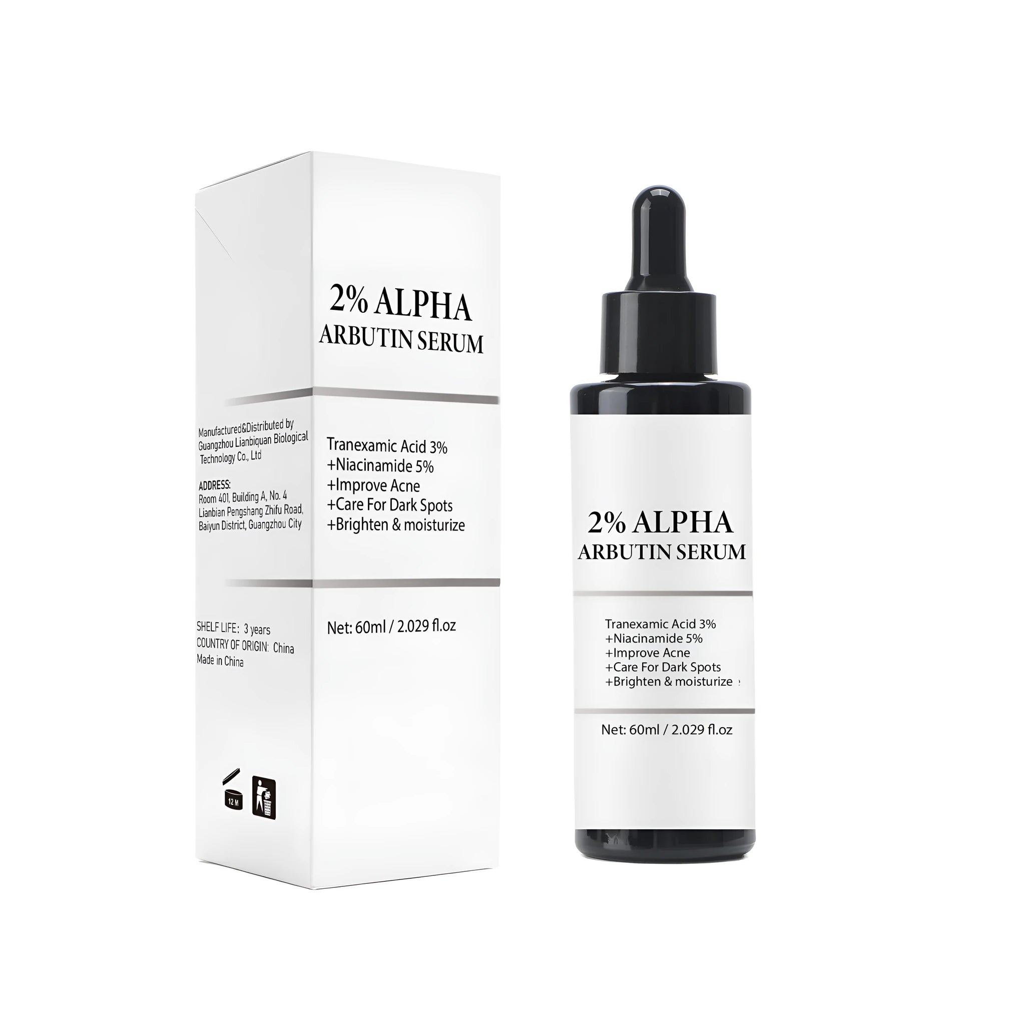Alpha-arbutin Care Solution Facial 60ml bottle with dimensions 38x38x134.5mm